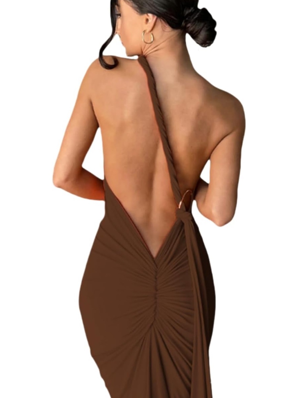 Brown Backless Ruched Halter Dress